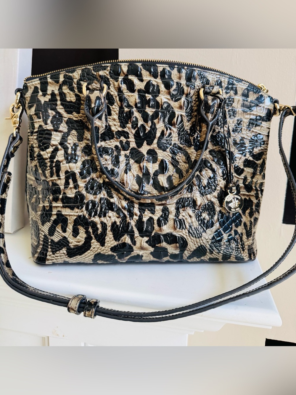 Brahmin Leopard-Print Satchel in Black and Cream - Picture 2 of 7